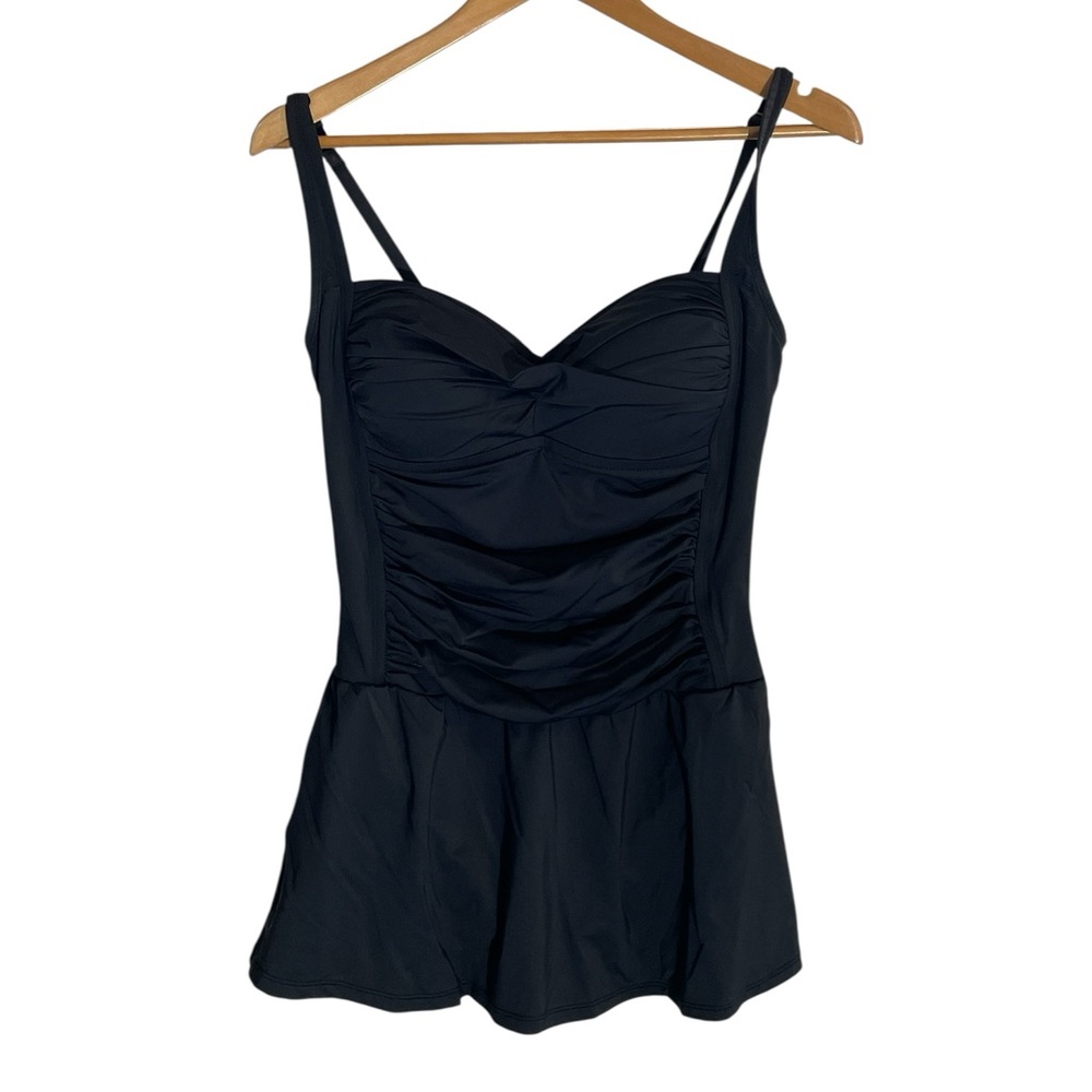 Y1- Rose Marie Reid Black Ruched Swimdress with Sweetheart Neckline
